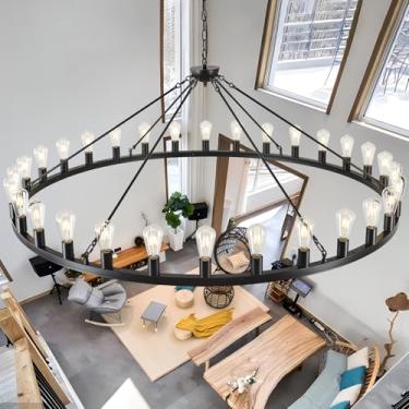 Imagem de ZBMYRBZJ Lustre de roda de vagão preto grande 162,6 cm, lustres de roda de vagão de fazenda com 30 luzes de teto industriais redondas para varanda ao ar livre tetos altos sala de jantar entrada