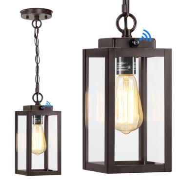 Imagem de Luminária pendente externa do crepúsculo ao amanhecer de 28 cm, lustre externo moderno, lanterna para pendurar ao ar livre, marrom fosco com vidro transparente, luminária pendente externa para varanda
