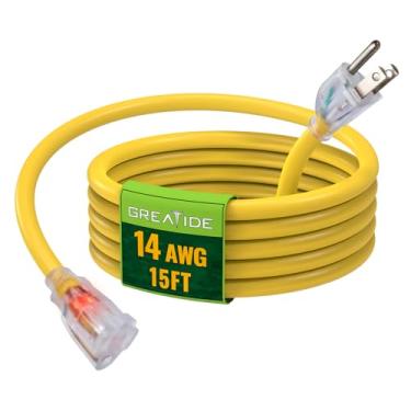 Imagem de GREATIDE Cabo de extensão externo iluminado 14/3 de 3 m - Cabo de extensão amarelo SJTW calibre 14 resistente com plugue aterrado de 3 pinos, ótimo para gramado, jardim, eletrodomésticos