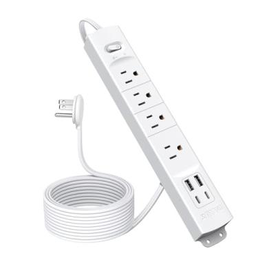 Imagem de TROND Cabo de extensão de 15 pés, 2 USB-C, 4 tomadas AC + 4 portas USB, tomada plana, protetor contra picos de tensão, montagem na parede, certificado ETL, ideal para escritório e quartos, branco.