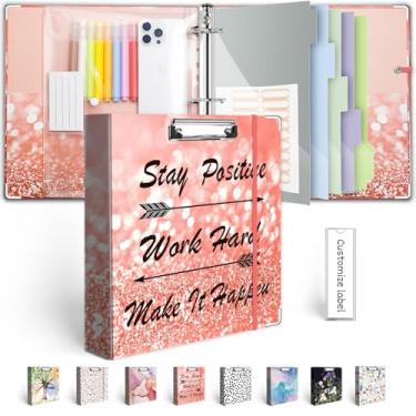 Imagem de Fichário com 3 argolas, 5 cm, organizador de fichário de três anéis com prancheta, divisórias de bolsos de 5 abas, pasta de plástico, 18 divisórias stikers, fichário decorativo rosa BVSSX com alça