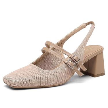 Imagem de NEWBELLA Sapato feminino de salto baixo Mary Jane – Sapato social grosso com bico quadrado e alça de fivela para casamento/dama de honra/escritório, Damasco, 36