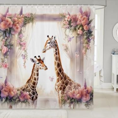 Imagem de Cortina de chuveiro de casal girafa, cortina de banheiro rosa rosa para decoração de quarto de crianças, meninas, mulheres, adultos, tema de casamento, romântico, à prova d'água, cortina de banho para