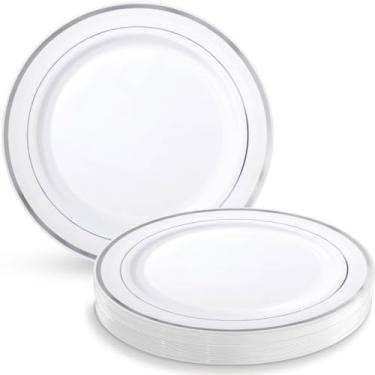Imagem de Pratos redondos de plástico premium elegantes, louças de mesa de festa e louça reutilizável, branco com acabamento em prata, 25,4 cm, pacote com 10