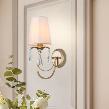 Imagem de Sedelan Arandela de parede de cristal interna, luminárias de parede com abajur de tecido, arandelas vintage iluminação de parede para quarto sala de estar corredor entrada lâmpada de parede de cobre