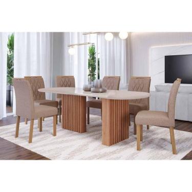 Imagem de Sala de Jantar Completa Ester Tampo Madeirado Oval c/ Vidro 210x100cm e 6 Cadeiras Juliana Cinamomo/Off White - Carvalho/Linho Bege - Cimol
