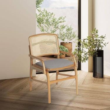 Imagem de Cadeira De Cozinha Florença Madeira Jequitibá Natural Com Braço Encosto De Palha E Linho Cinza