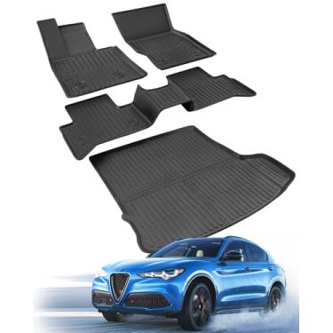 Imagem de Tapetes de carro para Alfa Romeo Stelvio 2018-2025 (com subwoofer), forros de borracha pretos para todos os climas, conjunto completo, tapete de porta-malas de ajuste personalizado para SUV