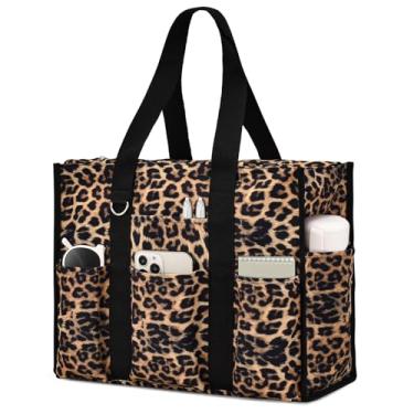 Imagem de Becokan Bolsa feminina grande, impermeável, com 12 bolsos, fecho de zíper, utilitária, professora, enfermeira, para trabalho, escola, Leopardo, Medium