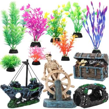 Imagem de Kathfly 15 peças de decorações de aquário de peixes, acessórios de aquário de resina naufrágio afundado, baú do tesouro submarino, barril quebrado, capitão pirata esqueleto, plantas aquáticas