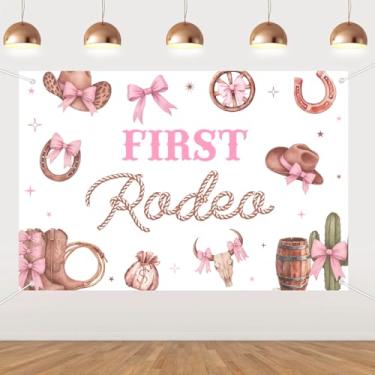 Imagem de Balterever Cowgirl Bow My First Rodeo, decoração de festa de aniversário para meninas, laço rosa, cenário de 1º aniversário, arco de vaqueira, tema do oeste selvagem, suprimentos para fundo
