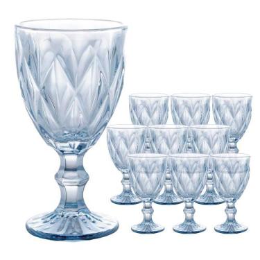 Imagem de Jogo 10 Taças de Vidro Diamond Diamante Azul Metálico para Água 325ml 