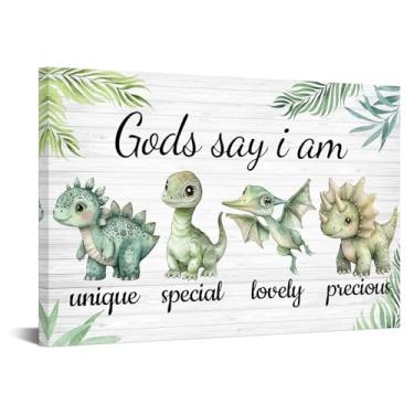 Imagem de YeiLnm Arte de parede de dinossauro, 40,6 x 61 cm, citação inspiradora de Deus, decoração de quarto infantil, verde sálvia, branco