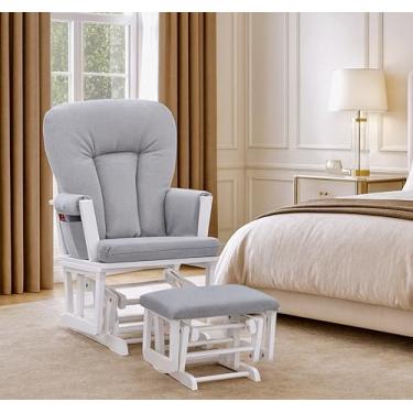 Imagem de Suite Bebe Contempo Planador de madeira, madeira branca otomana e tecido cinza pomba