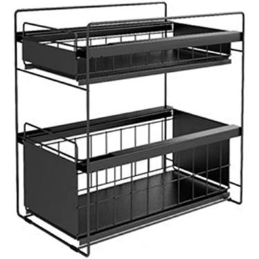 Imagem de Prateleira organizador para debaixo da pia com gaveta de armazenamento deslizante, estante organizador de armários removíveis de 2 níveis, cesta de armazenamento deslizante para bancada de