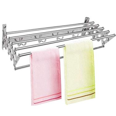 Imagem de AKALNNB Rack de secagem dobrável montado na parede, dobrável, cabide, toalheiro de banheiro, secador com 5 ganchos para varão de toalha, escorredor de roupas fordable dobrável H presente alto ()