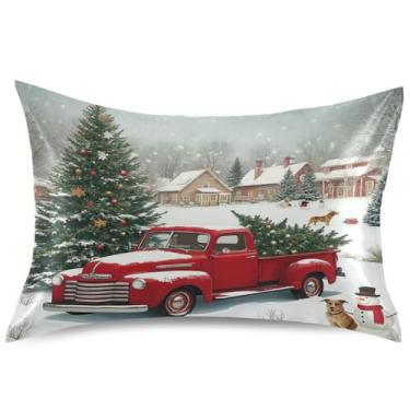 Imagem de Gredecor Fronha de cetim de Natal inverno tamanho king size caminhão vermelho boneco de neve cachorro floresta fronha de almofada de seda para casa sofá quarto 50 x 76 cm