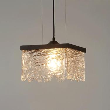 Imagem de YQSLQZZ Luzes de teto suspensas acima da mesa de jantar, luminária pendente de vidro preto vintage para sala de jantar, lustre quadrado moderno de ilha de cozinha, altura ajustável, luzes E27*1