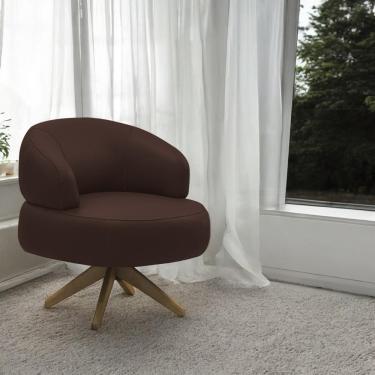 Imagem de Poltrona Decorativa Katy Sala de Estar Base Giratória Madeira Couro Marrom Chocolate