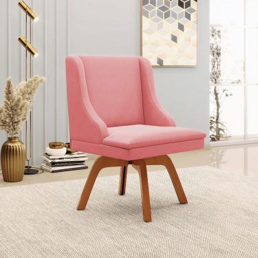 Imagem de Cadeira Decorativa Sala de Jantar Base Giratória de Madeira Firenze Suede Rosê/Natural G19 - Gran Belo