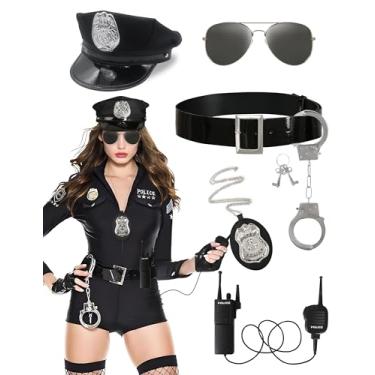 Imagem de CICOCI Acessórios de fantasia de polícia, chapéu de polícia, walkie talkies, crachá, óculos de sol, acessórios de fantasia de policial adulto, Prata, One Size