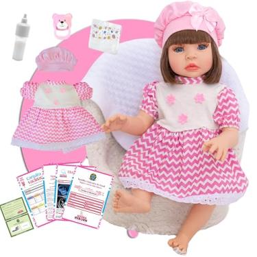 Imagem de Boneca Bebê Reborn Menina Realista em Silicone com Roupinha e Acessórios Inclusos 45 cm (Listra Rosa)