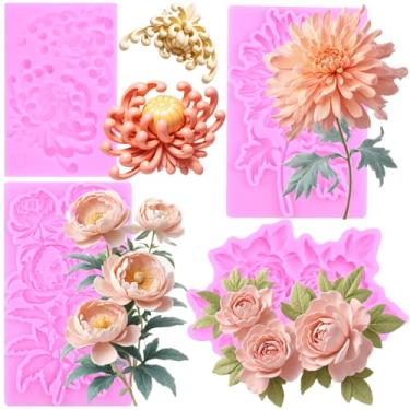 Imagem de MIYAHOUSE Moldes de fondant de flores de silicone para decoração de bolos, topo de cupcake, pasta de goma de chocolate, argila de polímero, conjunto de 4