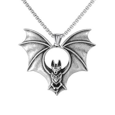 Imagem de Colar Morcego Prata Gotico Masculino Feminino Aco Inoxidavel-Corrente Malha Veneziana com Pingente Morcego Aço Inox Cirúrgico Prata Envelhecida Unissex Gótica Punk Rock Rockeiro- Presente Colar Feminino Halloween Festa Namorado Namorada Pai Mãe Amiga Amigo Casal Datas Especiais