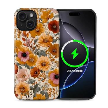 Imagem de ZHEGAILIAN Capa magnética para iPhone 15, compatível com capa rígida MagSafe + silicone macio 2 em 1 híbrido à prova de choque capa protetora contra quedas floral sonho flores silvestres bordado