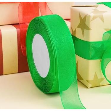 Imagem de Conjunto de 1 rolo de fitas de chiffon com glitter e cetim, fita de Natal de 2,5 cm e 50 metros para embrulho de presente, artesanato, enfeites de festivais, decoração de festa de casamento (verde)