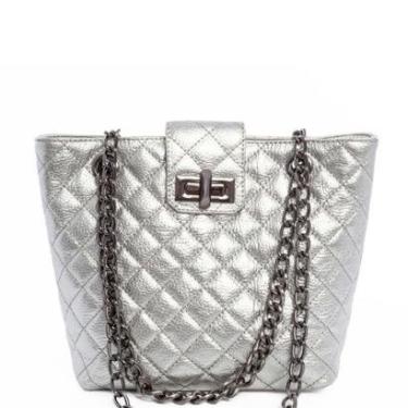 Imagem de Bolsa Leopoldine Feminina Prata Couro Legítimo em Matelassê com Alça Corrente Ajustável-Feminino