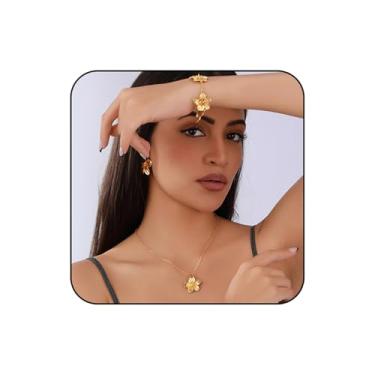 Imagem de QLYOVWE Brincos de flor grossa banhados a ouro conjunto de anéis para mulheres boho declaração flor brincos personalizados vintage conjuntos de colar casamento formatura moda Natal joias presente