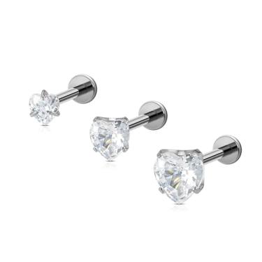 Imagem de FINE4U Conjunto de joias de piercing - ASTM F136 titânio cartilagem plana pinos para hélice, concha, tragus, lóbulo, madonna, monroe, medusa, labret, 6mm/8mm, Titânio, Zircônia cúbica