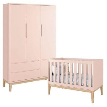 Imagem de Berço Americano E Guarda Roupa Classic 3 Portas Rosa Com Pés Madeira Natural - Reller