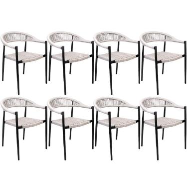 Imagem de Kit 08 Cadeiras Decorativas área Gourmet Base Preto Corda Náutica Nevada R01 Amêndoa - Lyam Decor