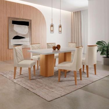Imagem de Mesa De Jantar Eloise 180cm Tampo MDF Com Vidro 6 Cadeiras Veludo Creme Off White Naturale