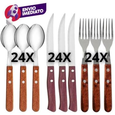 Imagem de Jogo Garfo Refeição Faca Mesa E Colher Sopa Talher Inox Cabo Madeira R