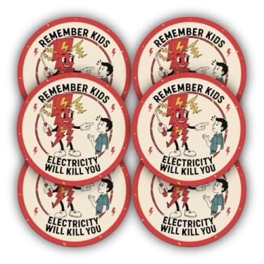 Imagem de F5Xclusive Vintage Style Remember Kids Electricity Will Kill You, Safety Warning Vinyl Decal Sticker for Hard Hat and Power Outlets, Waterproof, Indoor/Outdoor, 3x3 Inch, Red and Black, 6-Pack