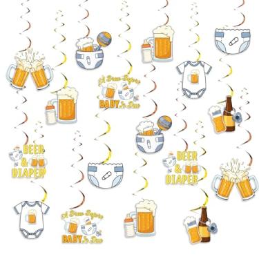 Imagem de JOYMEMO 24 peças A Brew Before Baby is Due Redemoinhos pendurados para festa - Decorações de chá de bebê de cerveja e fralda, serpentinas de teto com tema de cerveja para celebração da gravidez, festa