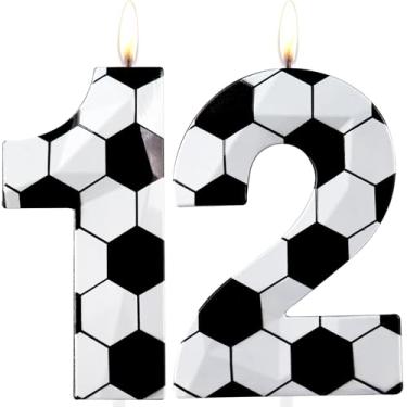 Imagem de Velas de aniversário de 12 anos, número 12 velas, vela de feliz aniversário, cera premium e design de diamante 3D, decoração de bolo com tema de futebol para homens, meninos, festa de aniversário, fã