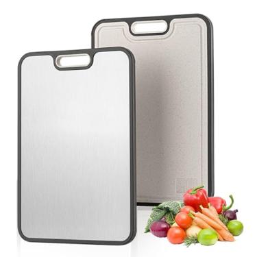 Imagem de Tábuas de corte de titânio para cozinha, placa de corte dupla face de titânio e palha de trigo PP para carne, legumes, frutas, queijo, pão, faca, adequada para lava-louças, fácil de limpar (38,4 cm x
