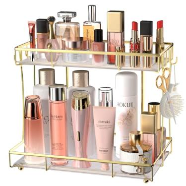 Imagem de Megier Organizador de banheiro, bancada, perfume, organizador de maquiagem, organizador de cosméticos, prateleira de penteadeira, cômoda, prateleira dourada, transparente, bandeja de acrílico ondulada