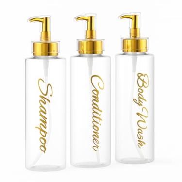 Imagem de uMadeUs Dispensador de xampu e condicionador – Garrafas essenciais de higiene – Shampoo recarregável para chuveiro e sabonete líquido, Clear All Gold 1 redondo, Large, Moderna