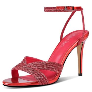 Imagem de GPXGPX Sandálias femininas de salto alto com strass e salto agulha brilhante com tira no tornozelo, bico redondo, bico aberto, elegantes para casamentos, sandálias sexy, Vermelho, 41