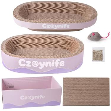Imagem de Czoynife 3 peças de papelão, almofada oval para arranhões, ninho para gatos internos, tábua redonda para arranhar gatos, cama ondulada para gatos, protetor de móveis para sofá (roxo, 43 x 29 cm)