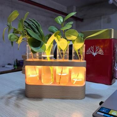 Imagem de Luqeeg Estação de Propagação de Plantas Com Suporte de Madeira, 9 Níveis Reguláveis, 4 Tubos de Ensaio de Vidro, Vasos Com Luz LED, Terrário de Mesa para Decoração de Casa, Plantas