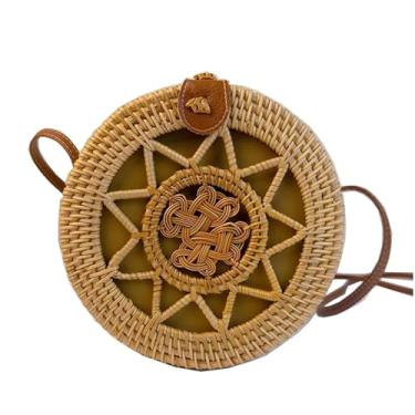 Imagem de Laeuokie Bolsa feminina de palha redonda: Rattan tecido à mão, cesta transversal de vime. Tecido para praia, férias, uso diário., Nó chinês estrela de cinco pontas, 7.1" (L) * 3.1" (W) * 7.1" (H