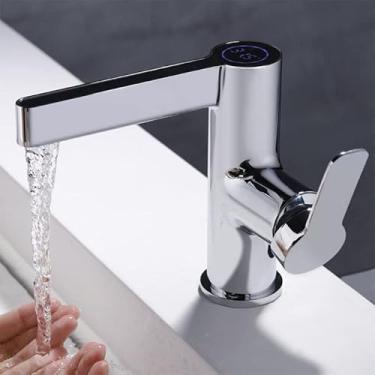 Imagem de Torneira de lavatório digital LED de latão branco preto dourado inteligente misturador de pia hidrelétrica torneiras de água acessórios de banheiro (um cromo)