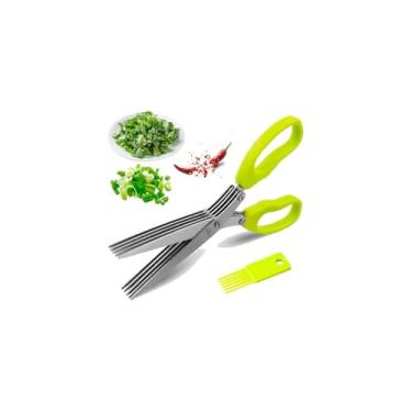 Imagem de Tesoura Multiuso para Alimentos, 5 Lâminas em Aço Inox, Cabo Emborrachado, 19cm, Verde/Rosa/Cinza, para Picar Temperos e Ervas