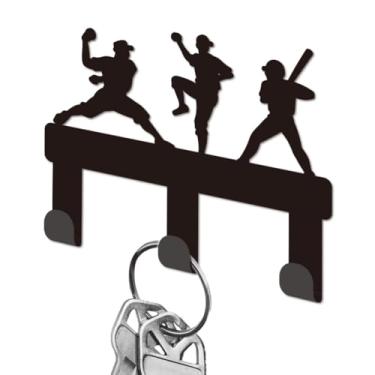Imagem de DELORIGIN Porta-chaves de beisebol para parede, mini ganchos de ferro preto montado na parede com 3 ganchos, pequenos cabides para chaves de casa para entrada, porta da frente, corredor, banheiro